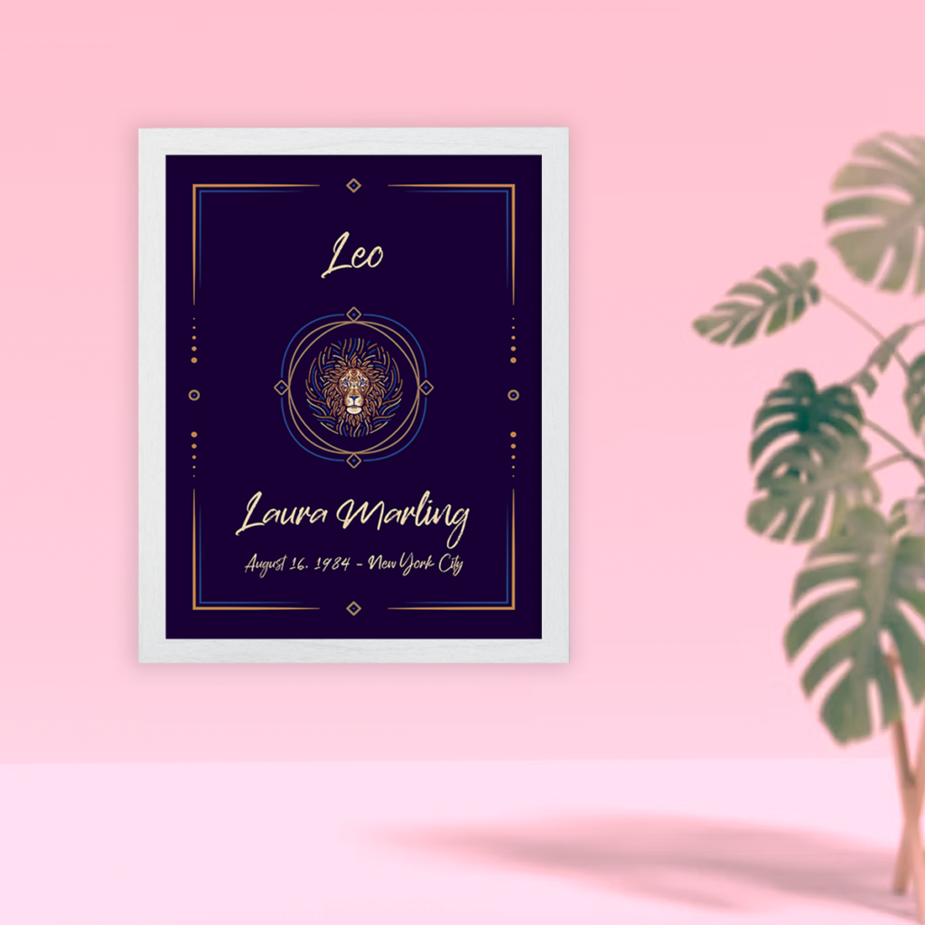 Leo sign white framed horoscope (astrology gift) poster Camilla collection