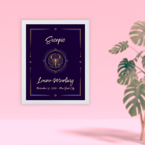 Scorpio sign white framed horoscope (astrology gift) poster Camilla collection
